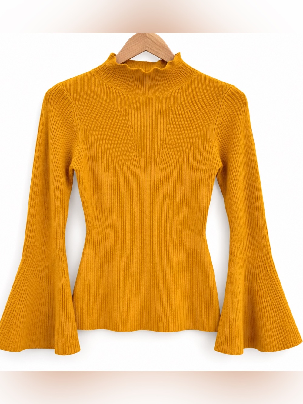 Maeve Anthropologie Mustard Ribbed Mock Neck Bell Sleeve Sweater Small